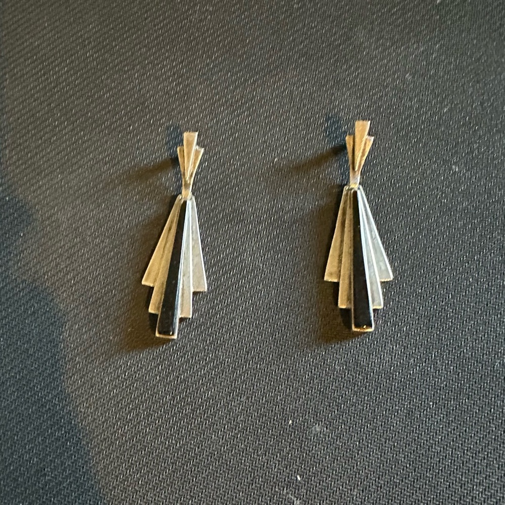 Vintage Handmade Native American Sterling Silver & Onyx  Geometric Earrings